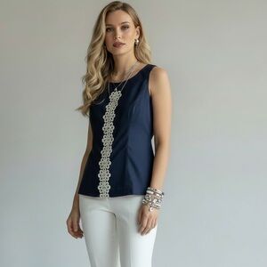 Coastal Prep Lilly Pulitzer Solid Navy Cotton White Lace Appliqué Sleeveless top